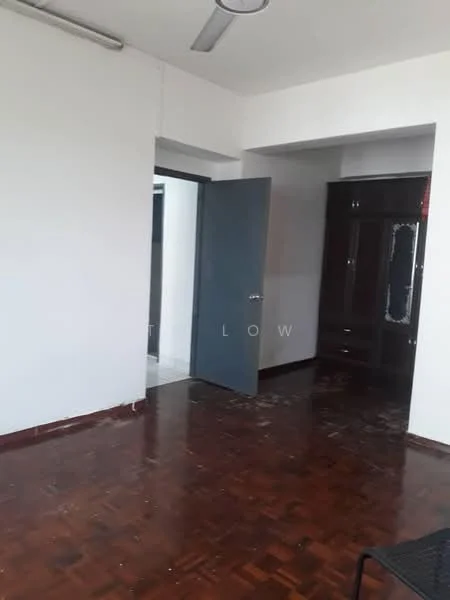 Room features: white painted walls, wooden flooring, single door, dark wooden wardrobe, ceiling light, window, corner of room visible.