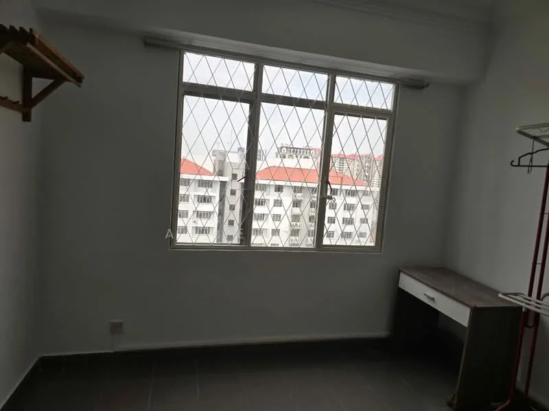 Room features: white painted walls, grey tiled flooring, large window with diamond grille, wooden shelf on wall, desk with drawers, minimalist decor; style: modern; view: city.