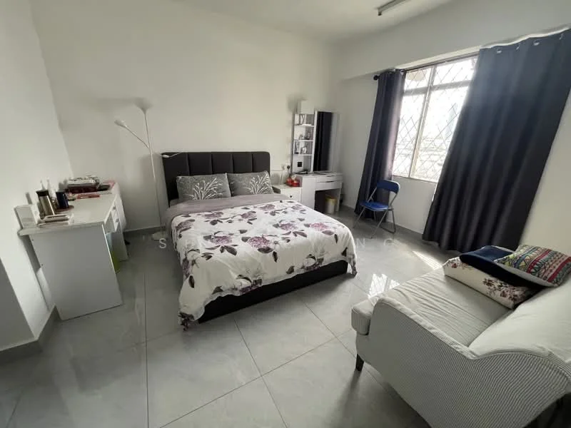 Bedroom features: queen-size bed with floral bedding, upholstered headboard, 2 bedside tables, table lamp, built-in wardrobe, study desk, blue chair, sofa with decorative cushions, grey curtains, floor-to-ceiling window, grey tiled flooring, white painted walls; style: modern; view: city.