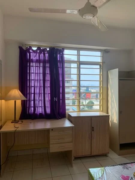 Room features: window with grid pattern, purple curtains, wooden desk, wooden cabinet, table lamp, ceiling fan, tiled flooring, natural light from window; style: modern; view: city.