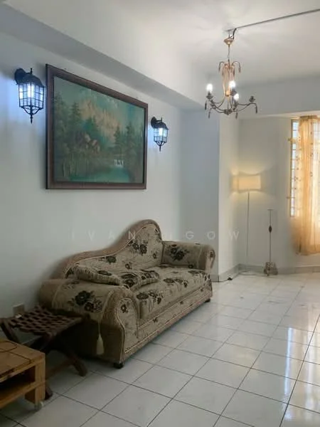 Living features: 3-seater fabric sofa with floral pattern, wooden side table, white painted walls, white tiled flooring, chandelier with multiple bulbs, wall-mounted lantern-style light fixtures, large framed artwork with landscape scene, floor lamp, curtains in light fabric; style: traditional.