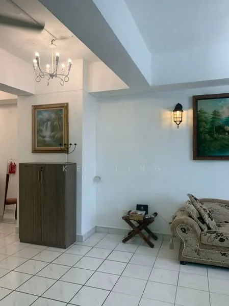 Living features: white painted walls, tile flooring, chandelier, wall sconce, sofa with ornate upholstery, wooden cabinet, framed artwork, decorative wall light, corner table; style: traditional.