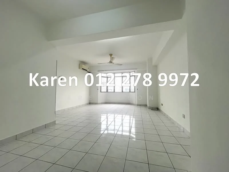 Living features: white painted walls, glossy ceramic tile flooring, 5-blade ceiling fan, floor-to-ceiling windows, air conditioning unit, natural light, neutral color scheme, open layout; style: modern.