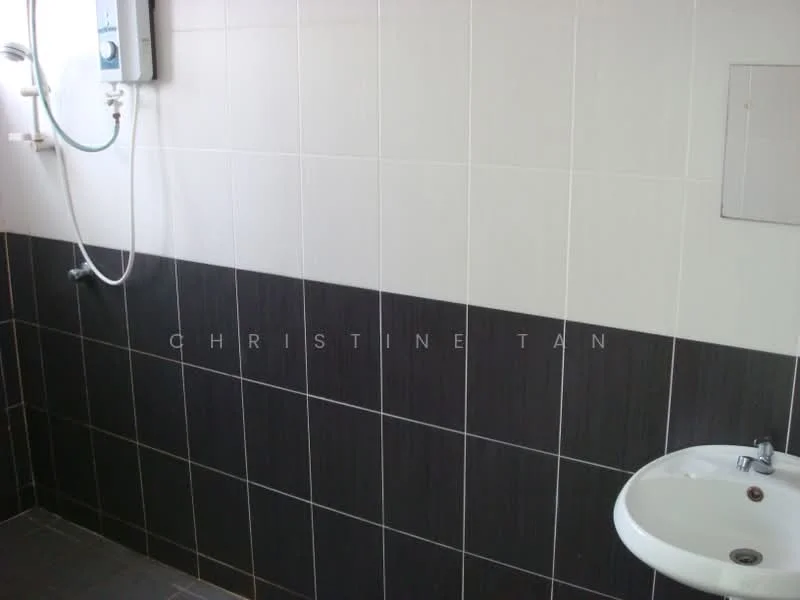 Bathroom features: white wall tiles, dark grey wall tiles, single-sink vanity, chrome faucet, shower head, water heater, tile flooring.