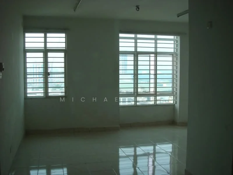 Room features: white painted walls, glazed tile flooring, large windows with horizontal slats, natural light from windows, city view visible through windows; view: city.