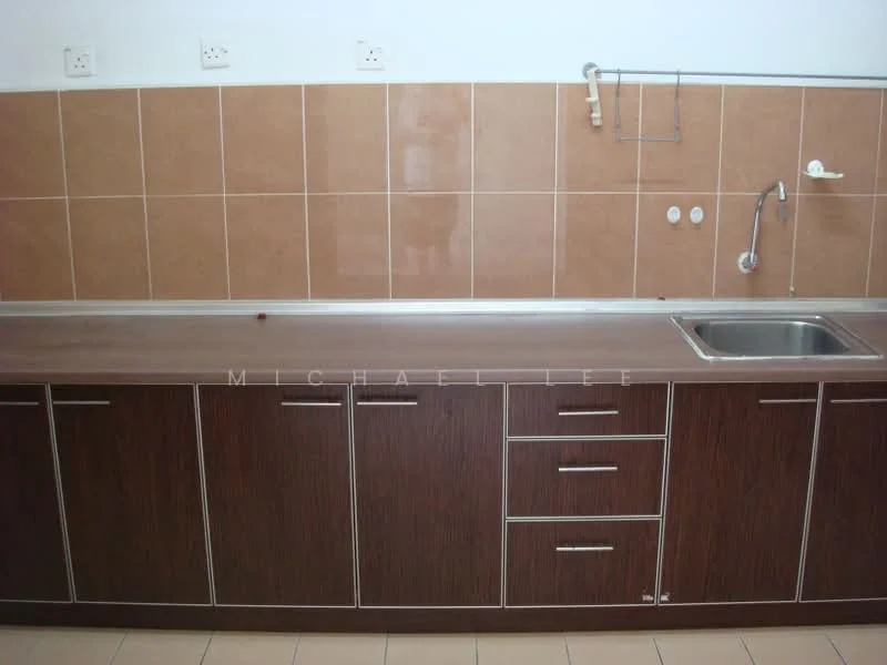 Kitchen features: brown laminate cabinetry, stainless-steel sink, chrome faucet, tile backsplash in beige, countertop with laminate finish, multiple drawers and cabinets, wall-mounted hooks, two wall outlets; style: modern.