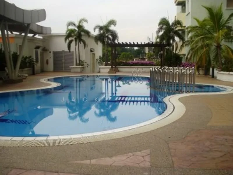 Exterior type: swimming pool deck; features: infinity edge pool, pool deck with loungers, tropical landscaping, palm trees, manicured garden, pergola structure, decorative stone paving, water feature, surrounding greenery; style: modern.