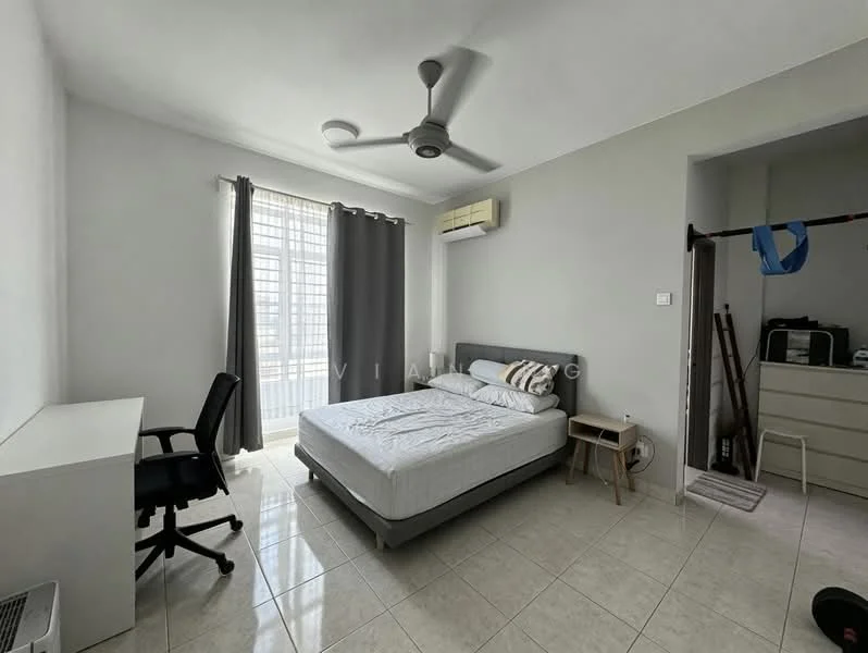 Bedroom features: queen-size bed with white bedding, grey upholstered headboard, 2 bedside tables, black office chair, white desk, floor-to-ceiling windows, grey curtains, ceiling fan, wall-mounted air conditioning unit, tiled flooring, built-in wardrobe, decorative wall hooks; style: modern; view: city.