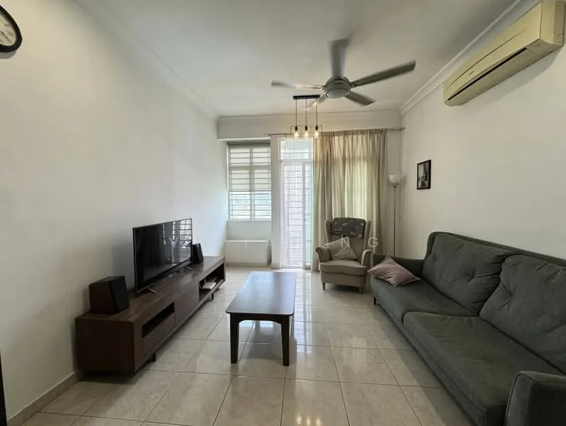 Living features: light grey fabric sofa, wooden coffee table, TV console in dark wood, wall-mounted TV, 5-blade ceiling fan with light, wall-mounted air conditioning unit, curtains, tile flooring, neutral painted walls, floor-to-ceiling windows, armchair, decorative wall art; style: modern.