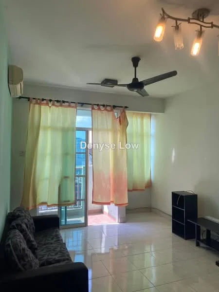 Living features: 3-seater fabric sofa in grey, floor-to-ceiling windows, sheer curtains in light yellow, ceiling fan, recessed downlights, polished tile flooring, wall-mounted TV console, air conditioning unit; style: modern.