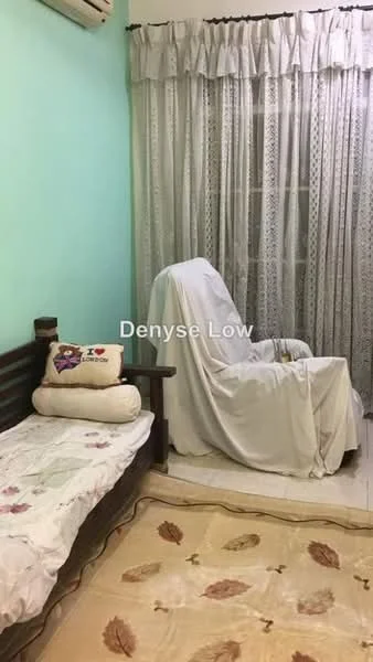 Room features: light green painted walls, white lace curtains, wooden daybed with floral bedding, white armchair covered with a blanket, cream area rug with floral pattern, wall-mounted air conditioning unit, tile flooring; style: traditional.