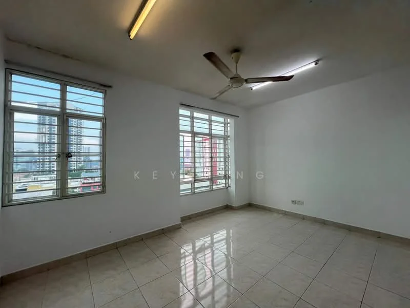 Room features: white painted walls, glossy ceramic tile flooring, ceiling fan, floor-to-ceiling windows, city view, natural light from multiple windows, light fixture on ceiling, no visible furniture; style: modern; view: city.
