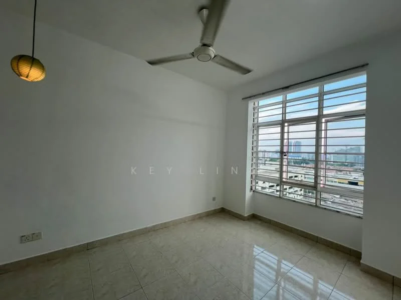 Room features: white painted walls, cream tiled flooring, 5-blade ceiling fan, large windows with city view, hanging pendant light; style: modern; view: city.