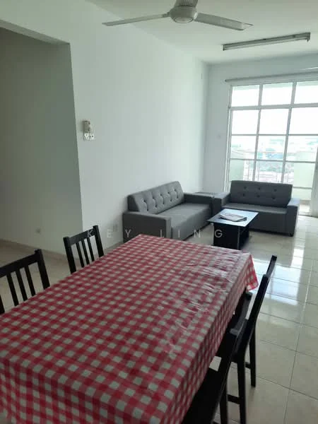 Dining features: red and white checkered tablecloth, 6-seater dining table, black dining chairs, tiled flooring, white painted walls, ceiling fan, large window with city view, sofa in grey fabric, coffee table, light-colored curtains; style: modern; view: city. Living features: grey fabric sofa, coffee table, large window, tiled flooring, white painted walls, ceiling fan; style: modern; view: city.
