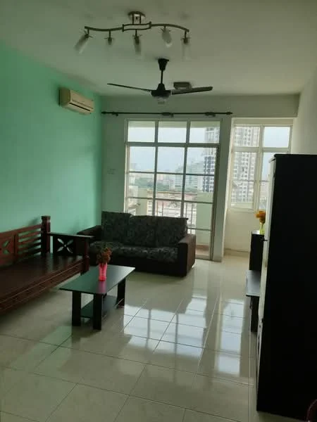 Living features: light green painted walls, white ceiling, 5-blade ceiling fan with light, floor-to-ceiling windows, grey fabric sofa, wooden coffee table, wooden side table, tile flooring, air conditioning unit, decorative vase with flowers; style: modern; view: city.