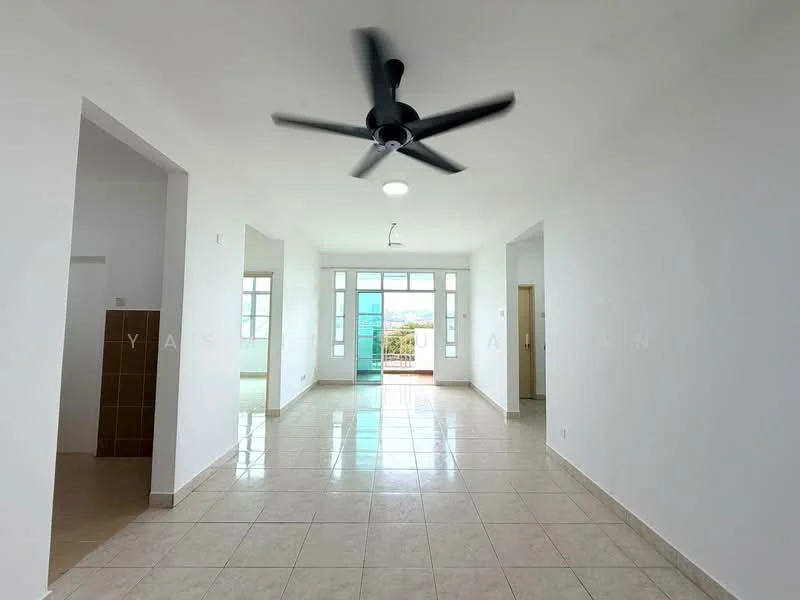 Living features: white painted walls, tile flooring, 5-blade ceiling fan, recessed downlights, large windows, sliding glass door, open layout, natural light, view of outdoor space; style: modern; view: garden. Room features: white painted walls, tile flooring.