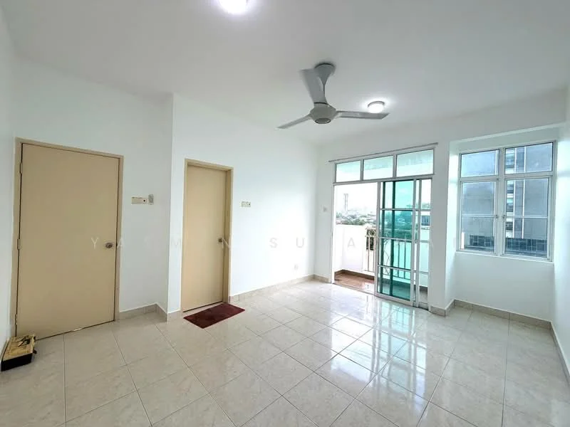 Room features: white painted walls, glossy tile flooring, 5-blade ceiling fan, floor-to-ceiling windows, sliding glass door, two doors, natural light from windows, balcony access; style: modern; view: city.