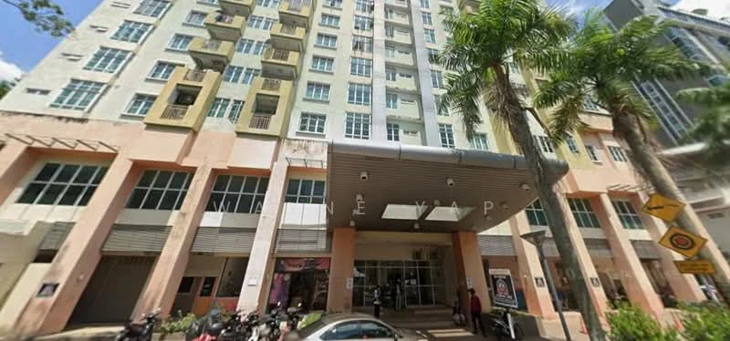 Exterior type: mid-rise condominium; features: glass curtain wall, cream painted facade, recessed balconies, entrance with awning, palm trees in front, motorcycle parking area, large windows, multiple storeys; style: modern.