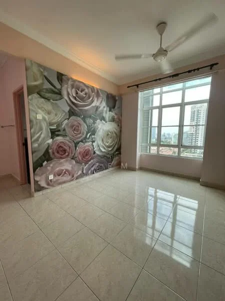 Room features: floral wallpaper, white painted walls, glossy tile flooring, ceiling fan, large windows, city view, natural light, curtains; style: modern; view: city.