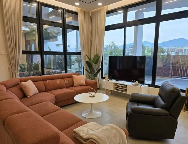 Living features: L-shape sectional sofa in orange, coffee table with round top, floor-to-ceiling windows, curtains, wall-mounted TV, TV console, decorative houseplants, light-colored tiled flooring, recessed ceiling lights, armchair in black leather; style: modern; view: garden.