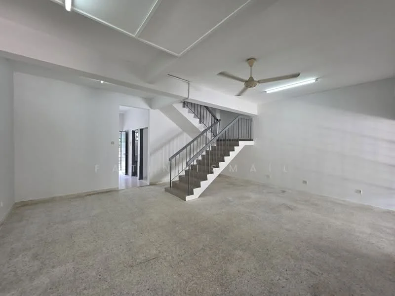 Room features: white painted walls, concrete flooring, ceiling with recessed lighting, ceiling fan, staircase with metal railing, large windows for natural light, open layout, no visible furniture; style: modern.