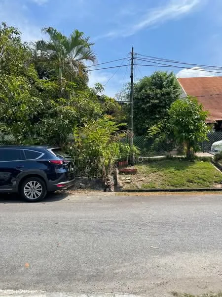 Exterior features: greenery with trees and shrubs, fenced property, paved road, single-storey house visible, car parked on the street, power lines visible, clear blue sky.