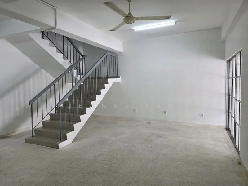 Room features: concrete flooring, white painted walls, staircase with metal railing, ceiling fan, large windows, open layout, natural light, high ceiling; style: minimalist.