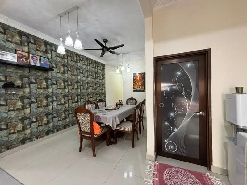 Dining features: dining table with 6 chairs, pendant lighting fixtures, 5-blade ceiling fan, decorative wallpaper with stone pattern, white painted walls, tiled flooring, wooden door with decorative glass, shelf with books and decor, area rug with geometric pattern; style: modern.