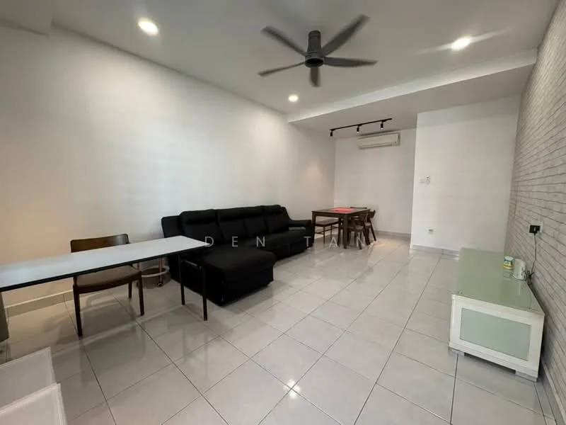 Living features: black fabric sofa, 3-seater sofa, white coffee table, wooden dining table, 4 wooden dining chairs, white TV console, ceiling fan, recessed lighting, white tiled flooring, exposed brick accent wall, air conditioning unit; style: modern.