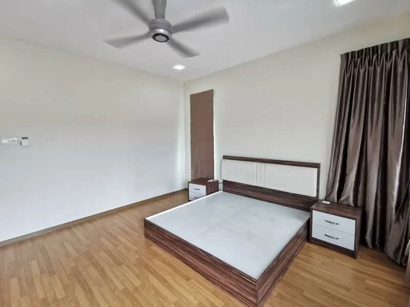 Bedroom features: queen-size bed frame without mattress, 2 bedside tables with drawers, light wood flooring, cream painted walls, ceiling fan, curtains in dark brown, recessed lighting, wall-mounted electrical outlets; style: modern.