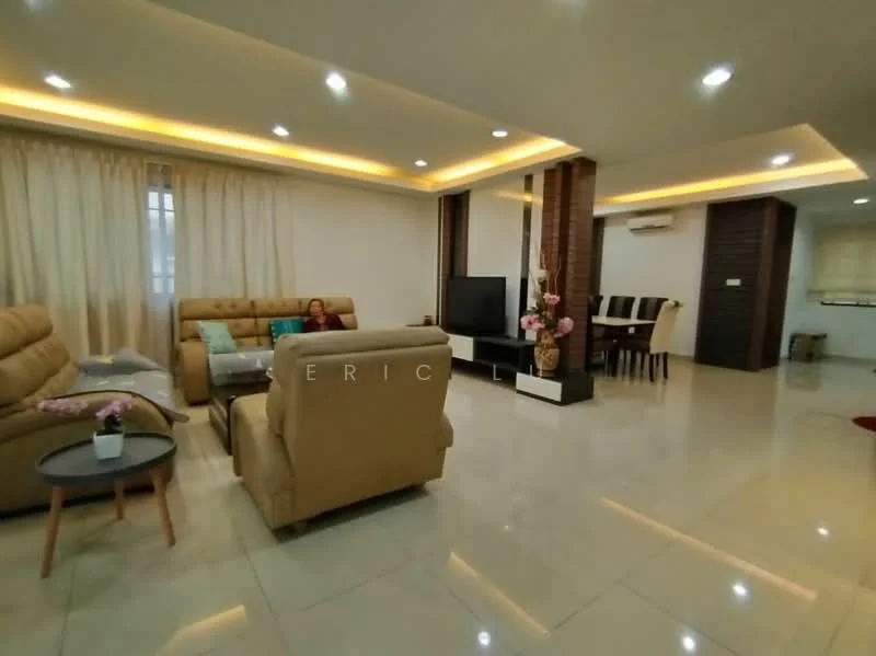 Living features: cream painted walls, white ceiling with recessed lighting, marble tile flooring, 2-seater beige leather sofa, 3-seater beige leather sofa, coffee table with wooden legs, wall-mounted TV, decorative wall paneling, air conditioning unit, sheer curtains, area rug, dining area with 6 dining chairs; style: modern.