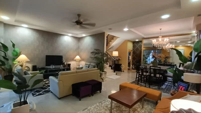 Living features: 3-seater fabric sofa in beige, 2-seater fabric sofa in cream, purple ottoman, wooden coffee table, area rug with geometric pattern, wall-mounted TV, TV console, 5-blade ceiling fan with light, decorative plants, framed artwork on wall, recessed lighting, dining area visible in background, chandelier, dining table with chairs; style: modern.