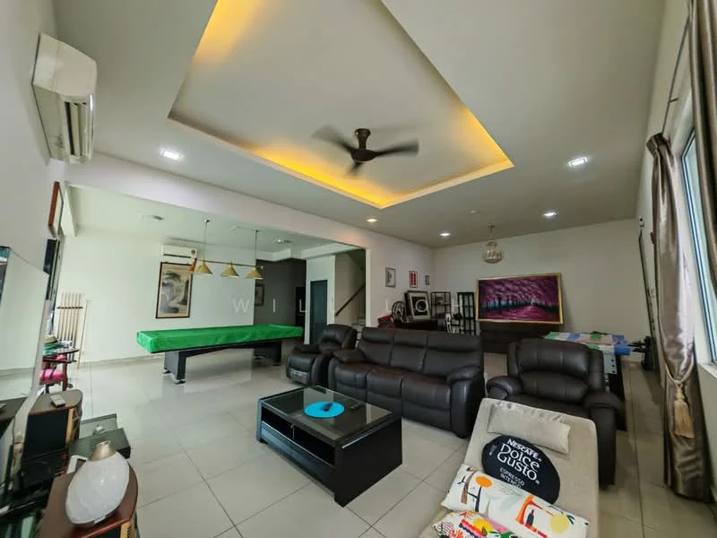 Living features: 5-blade ceiling fan with integrated LED light, recessed ceiling with ambient lighting, wall-mounted TV, black leather sectional sofa, coffee table with glass top, tile flooring, large windows with curtains, pool table, decorative wall art, side table with lamp; style: modern.