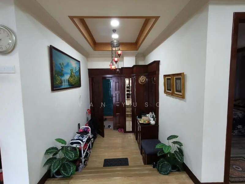Room features: wooden flooring, white painted walls, crown moulding, recessed ceiling with decorative lighting, wall clock, framed artwork, greenery in pots, wooden door, bench with storage, decorative wall frames; style: traditional.