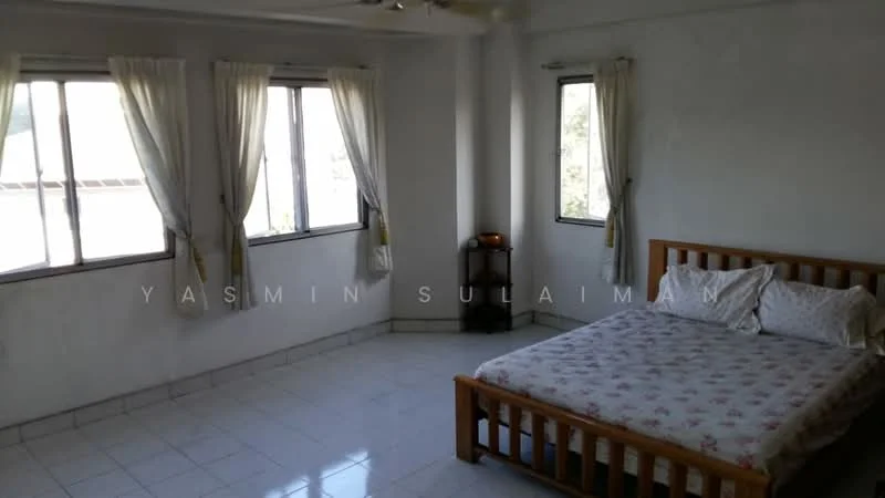 Bedroom features: white painted walls, floor-to-ceiling windows, curtains, tiled flooring, queen-size bed, wooden bed frame, bedding with floral pattern, ceiling fan.