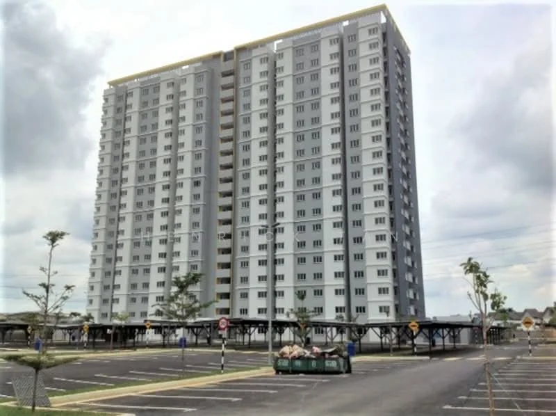 Exterior type: high-rise condominium; features: grey concrete facade, multiple balconies, large windows, elevated parking structure, manicured landscaping, paved parking lot, signage at entrance, surrounded by open space; style: modern.