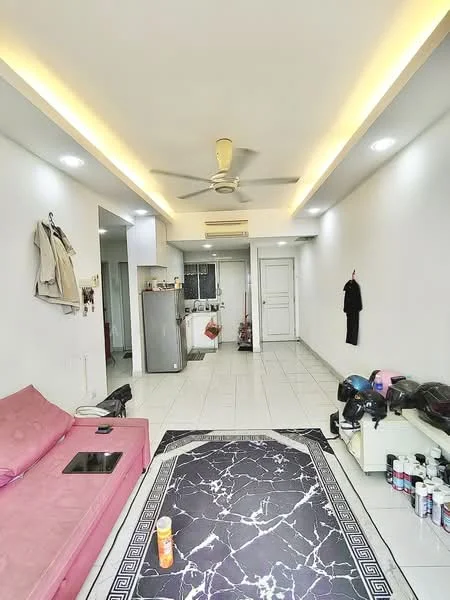 Living features: pink fabric sofa, black coffee table, area rug with marble pattern, 5-blade ceiling fan with light, recessed LED downlights, white painted walls, glossy white tile flooring, open layout, kitchen area visible in background, wall-mounted TV console, decorative wall shelf; style: modern.
