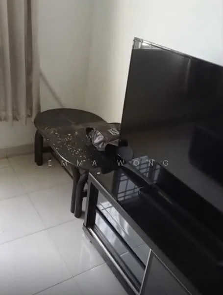 Living features: black flat-screen TV, black TV console, dark wooden coffee table, light-colored tiled flooring, white painted walls, curtains, decorative items on table; style: modern.