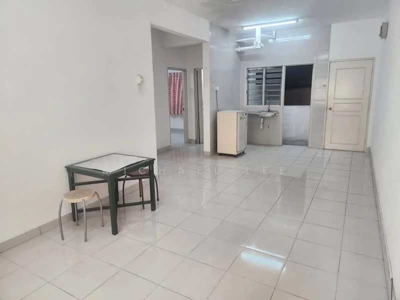 Kitchen features: white painted walls, glossy white tiled flooring, single-bowl stainless-steel sink, chrome pull-down faucet, kitchen cabinetry, window with sheer curtains, recessed ceiling lights, open layout, table with glass top, two wooden stools; style: modern.