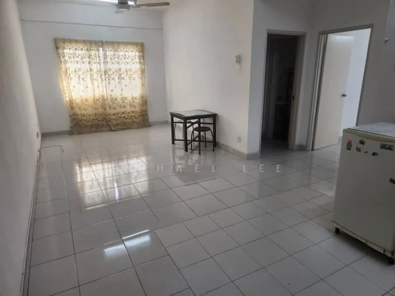 Living features: white painted walls, glossy ceramic tile flooring, ceiling fan, large window with sheer curtains, dining table with two chairs, refrigerator, neutral color scheme, open layout; style: minimalist.