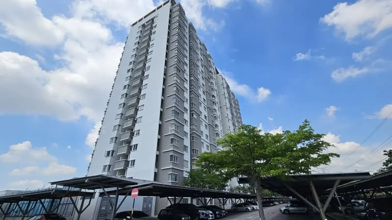 Exterior type: high-rise condominium; features: grey painted facade, glass windows, approximately 20-storey high-rise, covered parking area, solar panel carports, landscaped greenery, surrounded by mature trees, urban context with clear sky; style: modern.