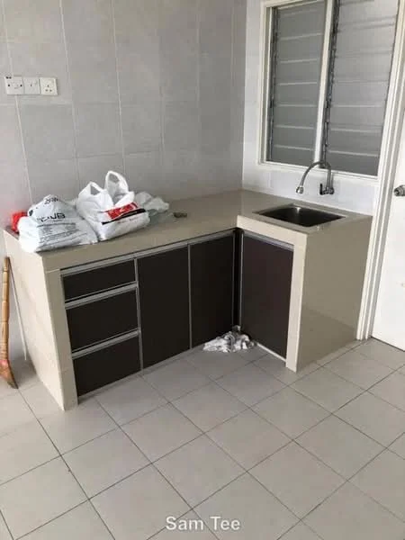 Kitchen features: laminate cabinetry in dark brown, light-colored countertop, single-bowl stainless-steel sink, chrome pull-down faucet, ceramic tile flooring, white tiled walls, window with sliding shutters, visible bags and items on countertop; style: modern.