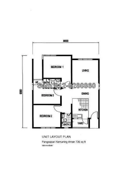 Floor plan: 3-bedroom 2-bathroom unit; features: open-plan kitchen-dining-living, master bedroom with ensuite bathroom, bedroom 2 with shared bathroom, yard area, utility room, central foyer.