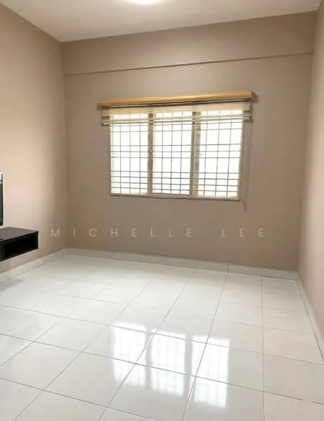 Room features: cream painted walls, white tiled flooring, window with grid pattern, roller blinds, wall-mounted TV console.