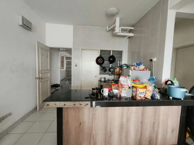 Kitchen features: black countertop, wooden cabinetry, stainless-steel sink, chrome faucet, wall-mounted split AC, ceramic tile flooring, white painted walls, kitchen island with breakfast bar, hanging pots and pans, various kitchen appliances, open shelving, refrigerator, microwave; style: modern.
