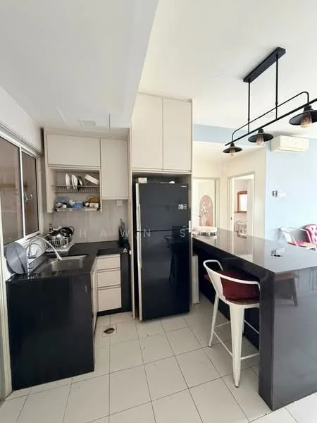 Kitchen features: black granite countertop, white cabinetry, stainless-steel fridge, single-bowl stainless-steel sink, chrome pull-down faucet, black bar stools, open shelving, tile flooring, recessed downlights, wall-mounted air conditioning unit; style: modern.