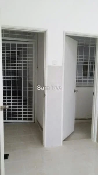 Room features: white painted walls, light-colored floor tiles, metal security grille door, plain interior doors, door frames, window with security grille; style: modern.