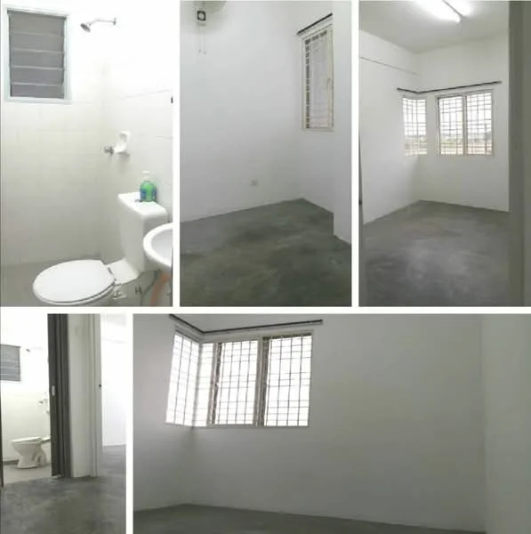 Bathroom features: white tiled walls, grey concrete flooring, toilet, sink, shower with wall-mounted faucet, window with grille, mirror; style: minimalist. Bedroom features: grey concrete flooring, white painted walls, large windows with grille, ceiling light, corner window, no built-in storage; style: minimalist. Hallway features: grey concrete flooring, white painted walls, doorway, window with grille; style: minimalist.