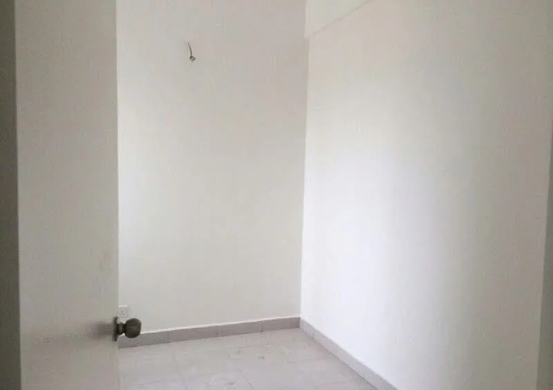 Room features: white painted walls, tile flooring, single door, light fixture hook on ceiling.