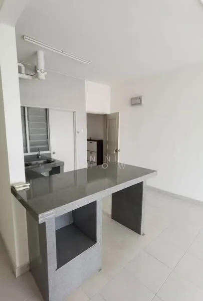 Kitchen features: grey granite countertop, open kitchen layout, white painted walls, tile flooring, single-bowl stainless-steel sink, built-in cabinetry, exposed plumbing, window for natural light; style: modern.